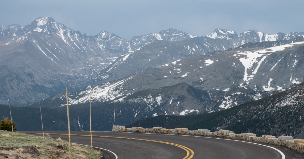 Apline Tundra view of Trail Ridge Road in the mist. Never Summer mountains in the background