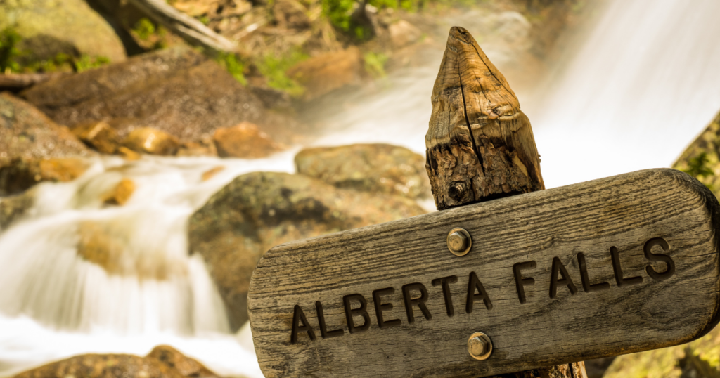 Albert Falls sign in Rocky Mountain National Park Colorado