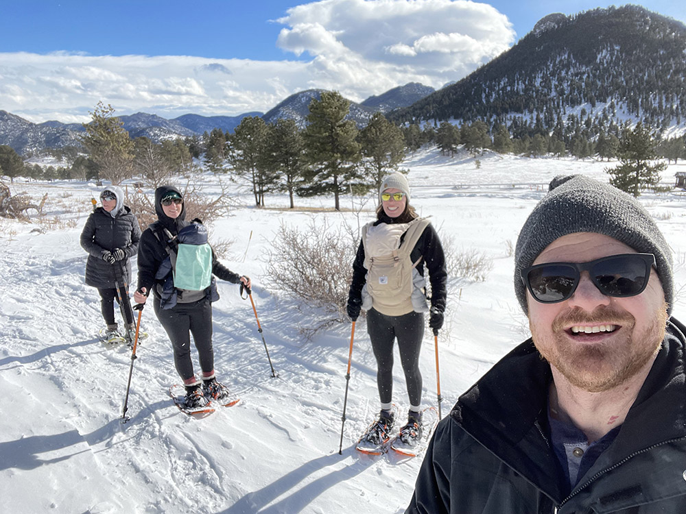 Pep and his family snowshoeing in Estes Park